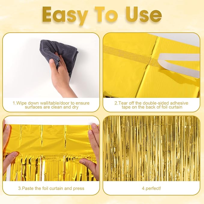 3 Pack 3.3x8.2 Feet Gold Foil Fringe Backdrop Curtains, Tinsel Streamers - Image 4