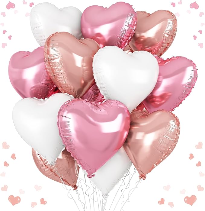 Pink White Heart Balloons, 18 Inch White Rose gold Heart Shape Balloon by vibzox