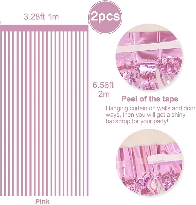 2 Pcs Pink Metallic Tinsel Foil Fringe Curtains Backdrop, 3.28 ft x 6.56 ft - Image 2