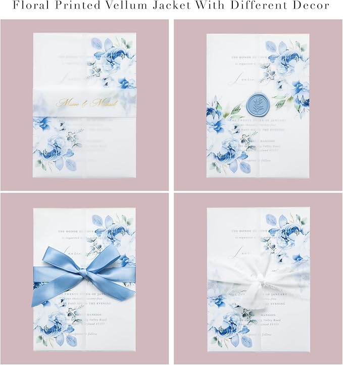 PONATIA 50PCS Vellum Jackets for 5x7 Invitation Cards- 135GSM Light Blue Floral - Image 4