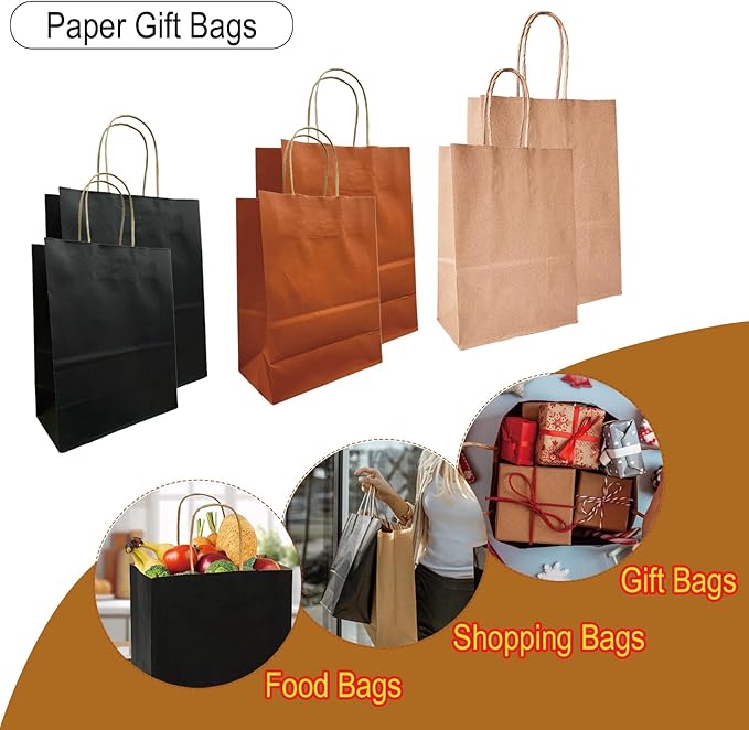 100 Pack Medium 5.9x3.1x8.25Inch Black Kraft Paper Gift Bags - Image 3