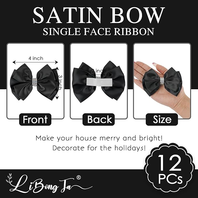 Black Satin Bows 4'' Premade Black Ribbon Bows, Gift Bows - Image 2