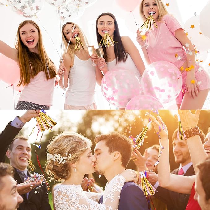 24 Pieces Gold Noise Makers Glitter Metallic Fringed Party Blowers Pink Musical - Image 4