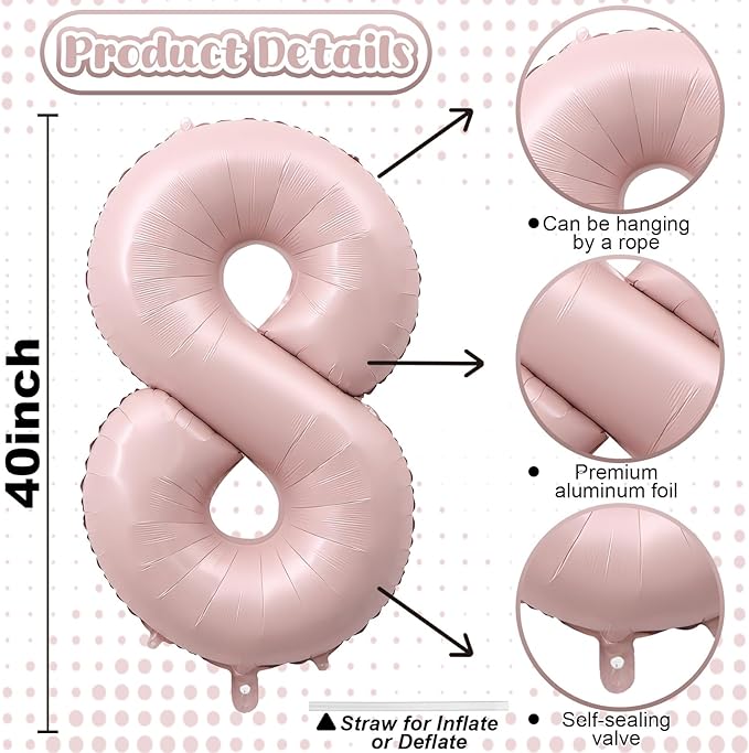 Pastel Pink 8 Balloons, Self Inflating Digit 8 Balloons - Image 2