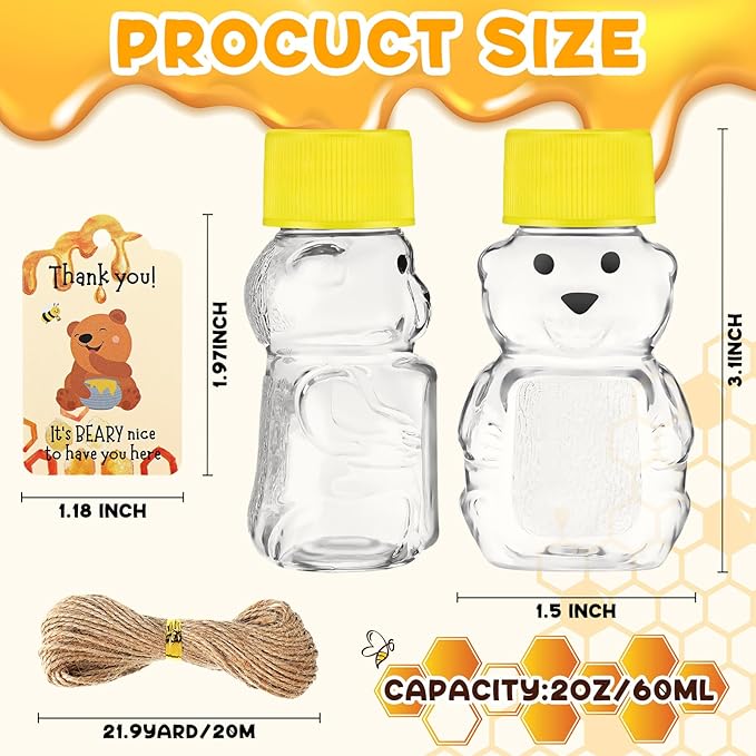 96 Sets 2 oz Plastic Honey Bear Bottle Bear Shape Clear Empty Honey Jar 96 Tags - Image 2