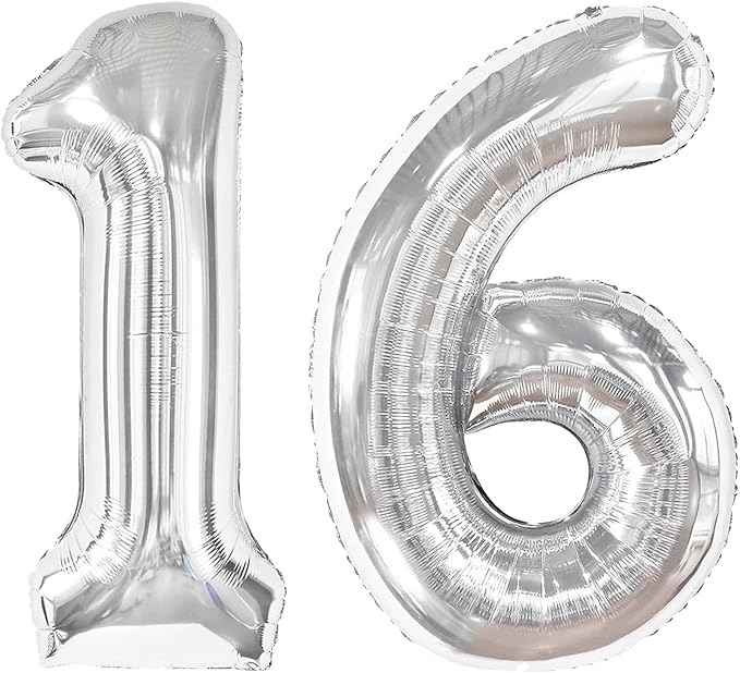 40 Inch Silver Mylar Foil Number 16 Birthday Balloon, Digital Balloons by Upgesy