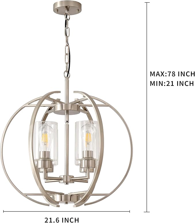 Large Lantern Globe Brushed Nickel Chandelier Lighting, Adjustable Hanging - Image 6