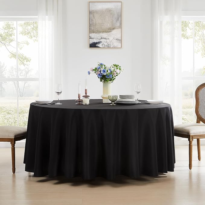 Round Tablecloth 120 Inch Black Tablecloths Washable Decorative Linen Polyester - Image 2