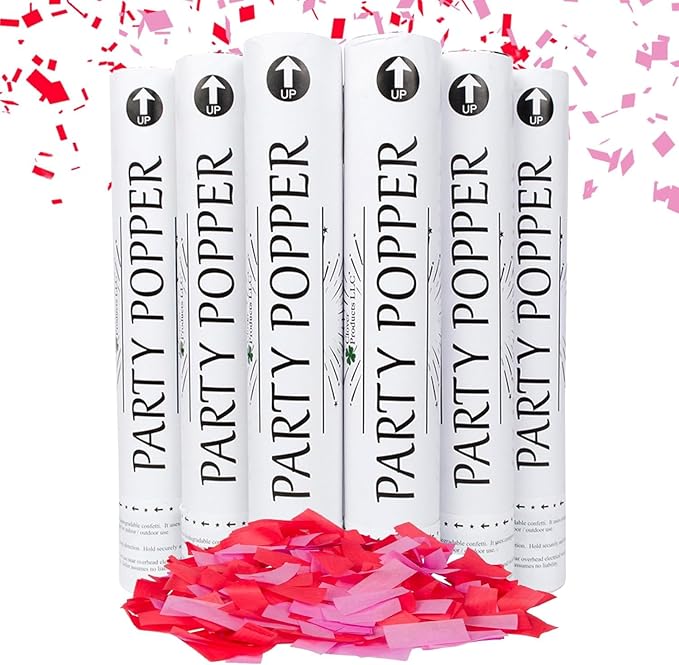 Clover Products 12" Biodegradable Confetti Cannons | 6 Pack | Red & Pink Poppers by CloverProducts