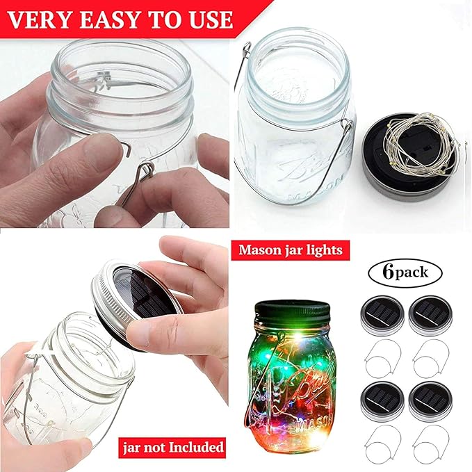 VOOKRY 6 Pack Solar Mason Jar Lights, 30 LED Mason Jar Lids Waterproof Firefly - Image 4