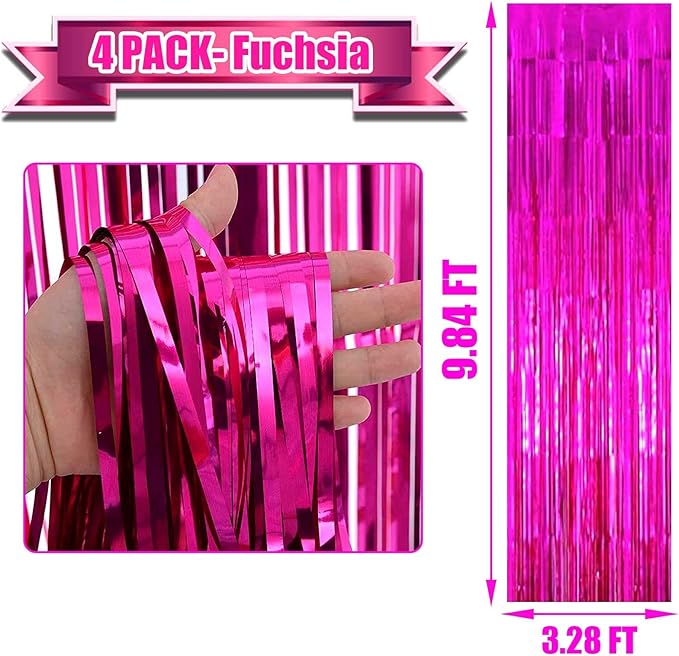 Pack Fuchsia Foil Fringe Curtain Backdrop, 3.28Ft x 9.84Ft Metallic Tinsel Foil - Image 2