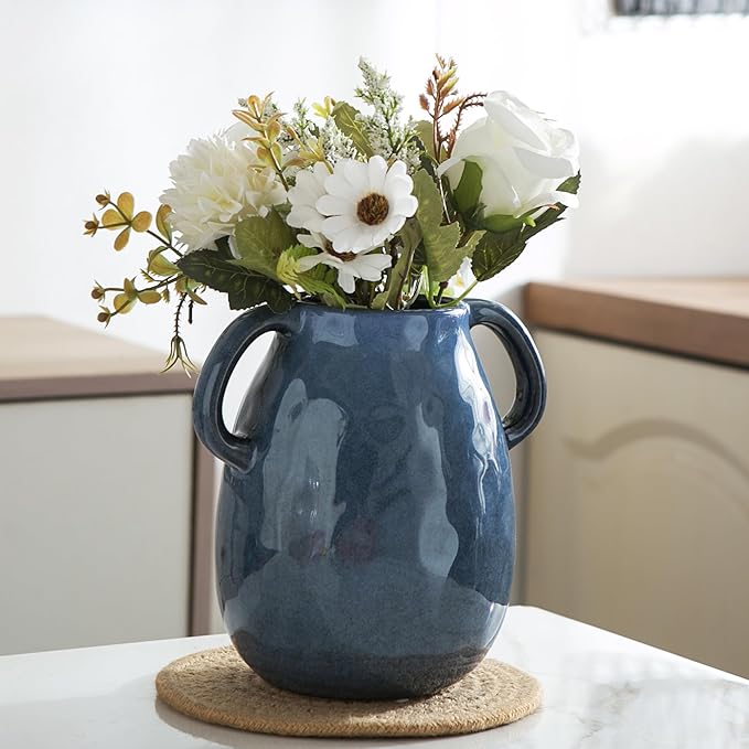 Blue Ceramic Vase with 2 Handles - Image 3