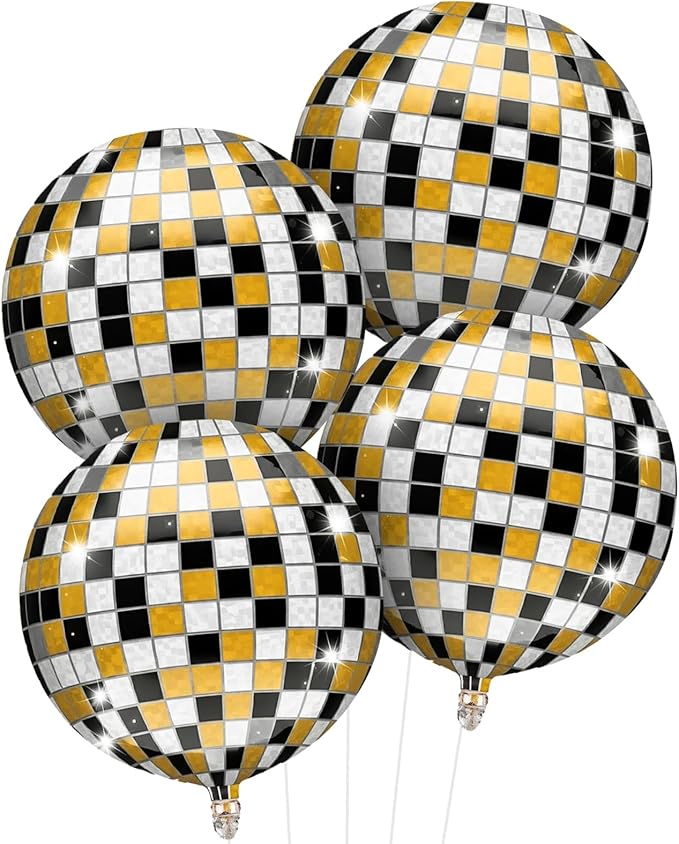 Iridescent Disco Ball Balloons 4PC, Foil Disco Balloons 22 Inch 4D Round Balloon by Cledeco