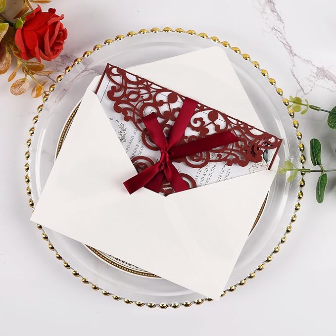 50pcs Burgundy Wedding Invitation Cards Pocket - Image 4
