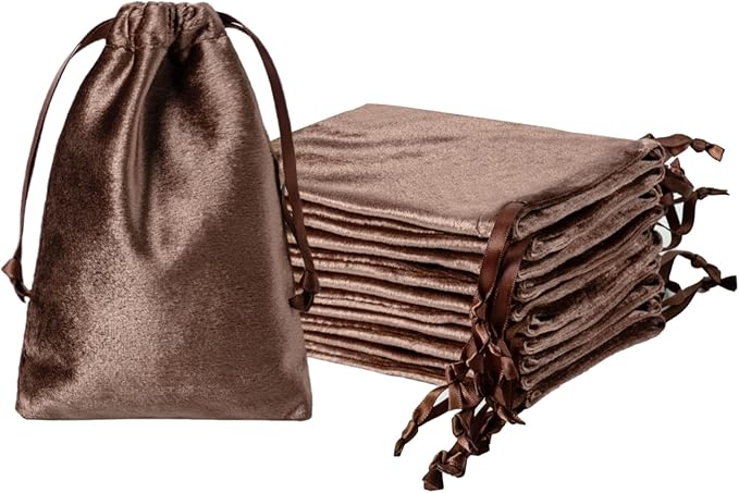 QIANF 12pcs Brown Velvet Drawstring Bags 4x6 inches Glossy Small Velvet Cloth by QIANF