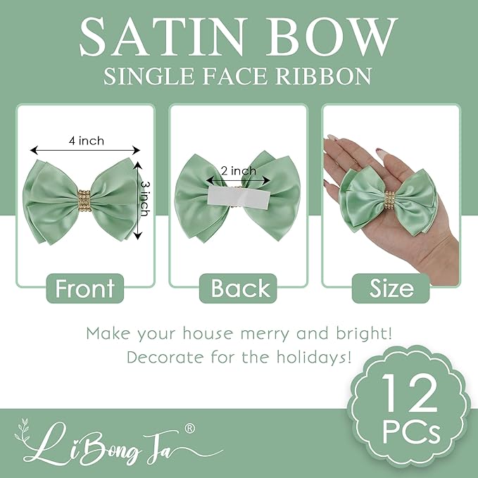Moss Green Ribbon Bows 4'' Premade Satin Bow, Gift Bows - Image 2