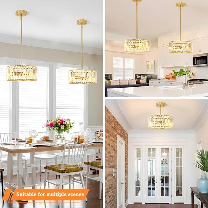 Gold Crystal Chandelier for Dining Room, 3-Light Modern Semi Flush Mount - Image 4
