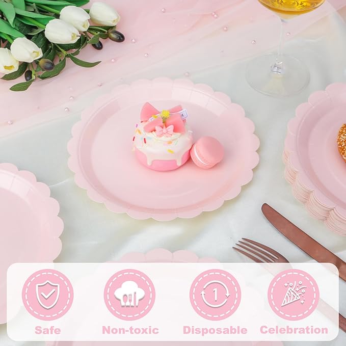 24 Pcs Pink Paper Plates 9 Inch Scalloped Dessert Plates - Image 2