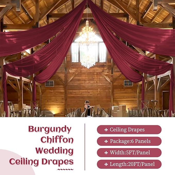 6 Panels Burgundy Wedding Ceiling Drapes 5ftx20ft Ceiling Drapes Chiffon Fabric - Image 3