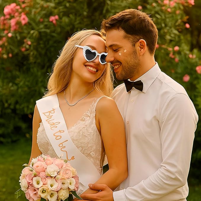 2 Pcs White Bride To Be Sash And Sunglasses Set, Pearls White Heart Bride - Image 5