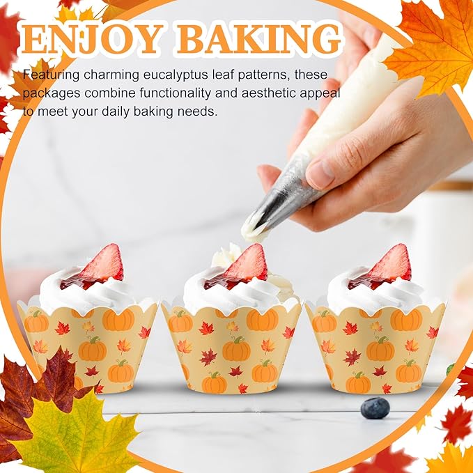 Domensi 100 Pcs Fall Pumpkin Maple Leaf Cupcake Wrappers Rustic Cupcake Liners - Image 4