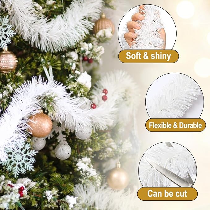 50 Feet Macaron White Christmas Tinsel Garland, Metallic Foil Twist Garland - Image 3
