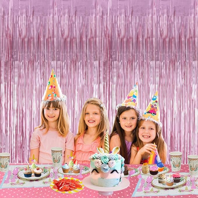 3Pcs Pink Metallic Tinsel Foil Fringe Curtains, 3.28ft x 6.56ft Pink Photo - Image 3