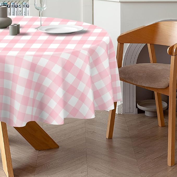 QIKSION Pink Gingham Round Tablecloth 6 Pack, 84 Inch Plastic Checkered Table - Image 3