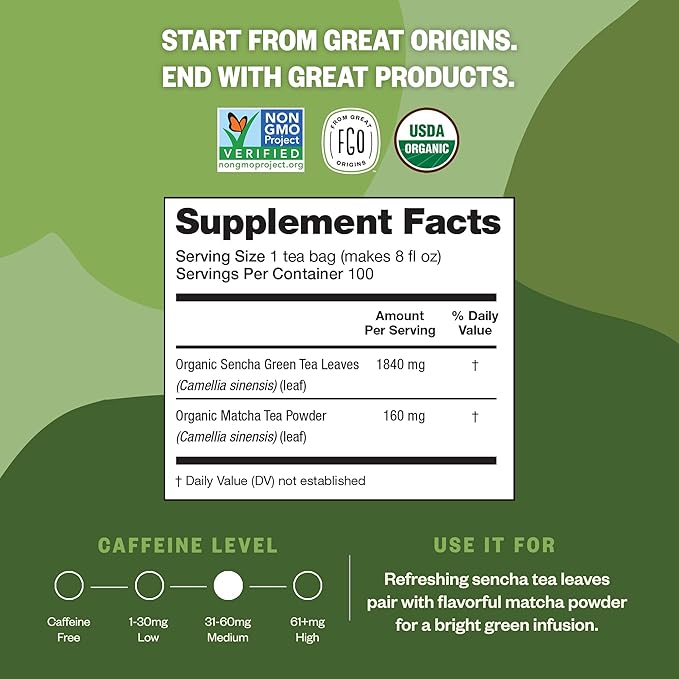 FGO Organic Japanese Matcha + Green Tea, Eco-Conscious Tea Bags, Resealable Bag - Image 2