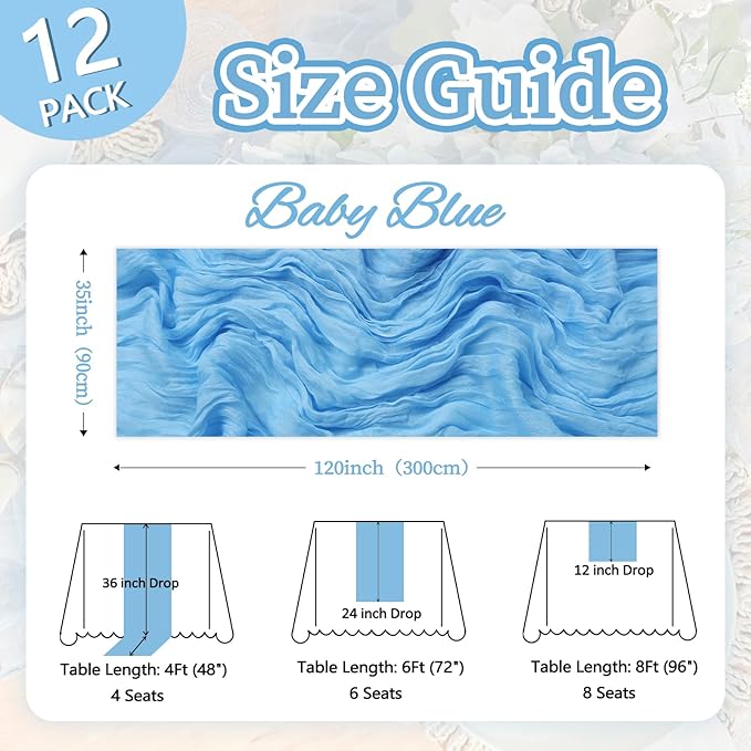 12 Pack Baby Blue Cheesecloth Table Runner 10ft Boho Gauze Fabric Cheese Cloth - Image 2