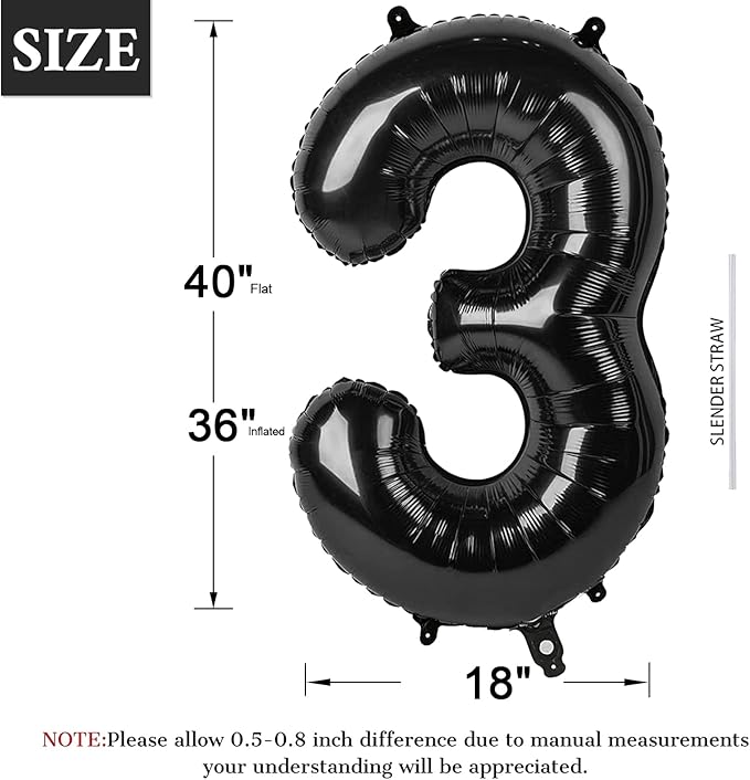 40 Inch Black Number Balloon 0-9, Big Size Happy Birthday Balloon, Foil Helium - Image 2
