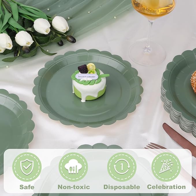 48 Pcs Sage Green Paper Plates 9 Inch Scalloped Dessert Plates - Image 2