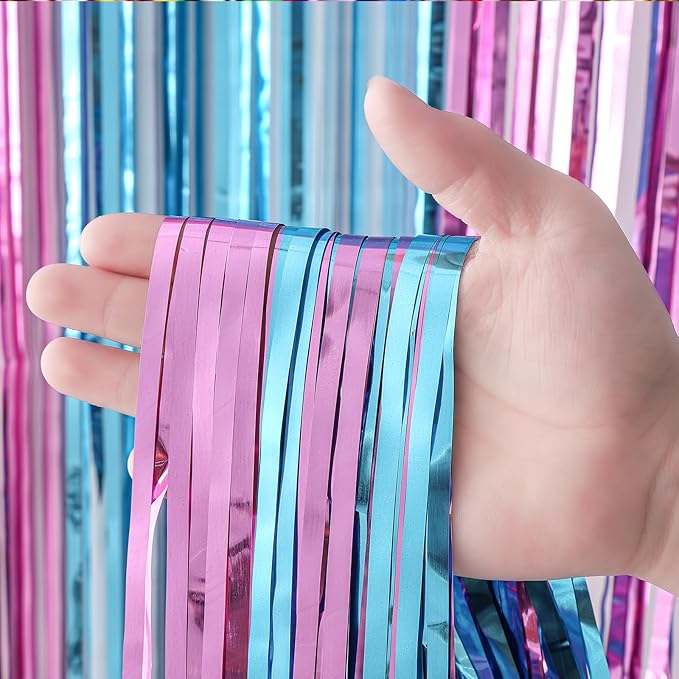 3 Pack 3.3x8.2 Feet Blue and Pink Foil Fringe Backdrop Curtains, Tinsel - Image 2