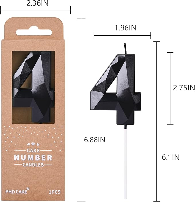 PHD CAKE 2.76 Inch Crystal Black 4 Number Birthday Candles, Cake Number Candles - Image 6
