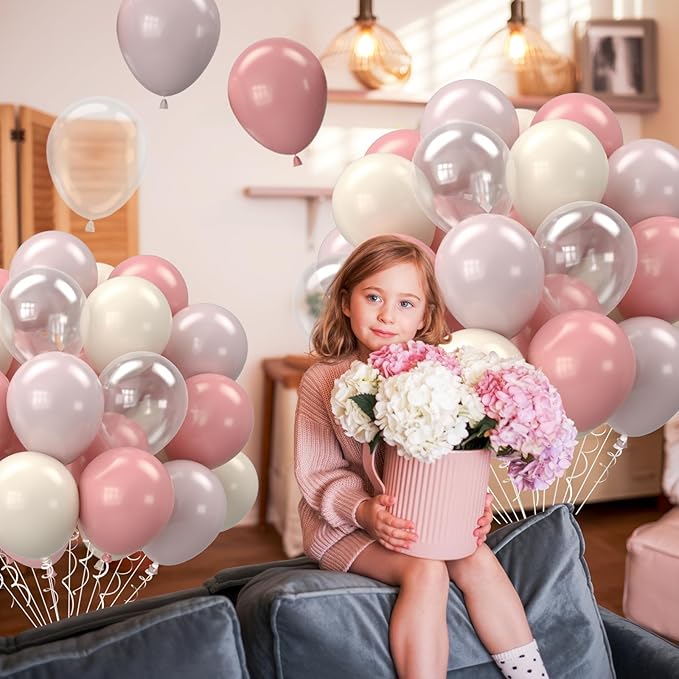Pink and White Balloons, 12 Inch Pastel Pink Beige Cream White Clear Latex - Image 7