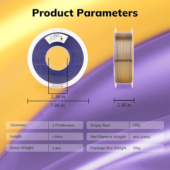 AMOLEN Silk PLA 3D Printer Filament, Dual Color Gold Purple PLA 1.75mm - Image 8