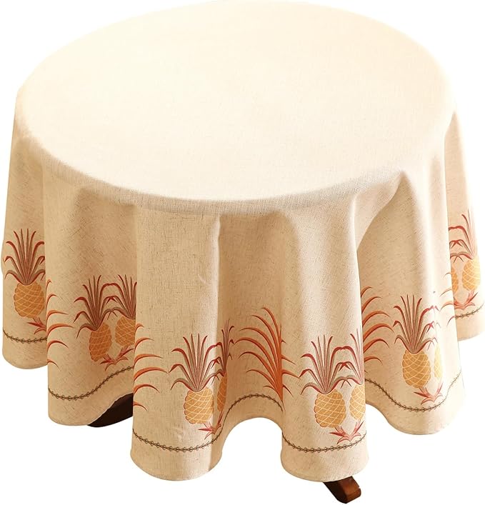 patdrea Designer Vintage Round Tablecloth, Pineapple Pattern Linen Tropical by Welcometopatdrea