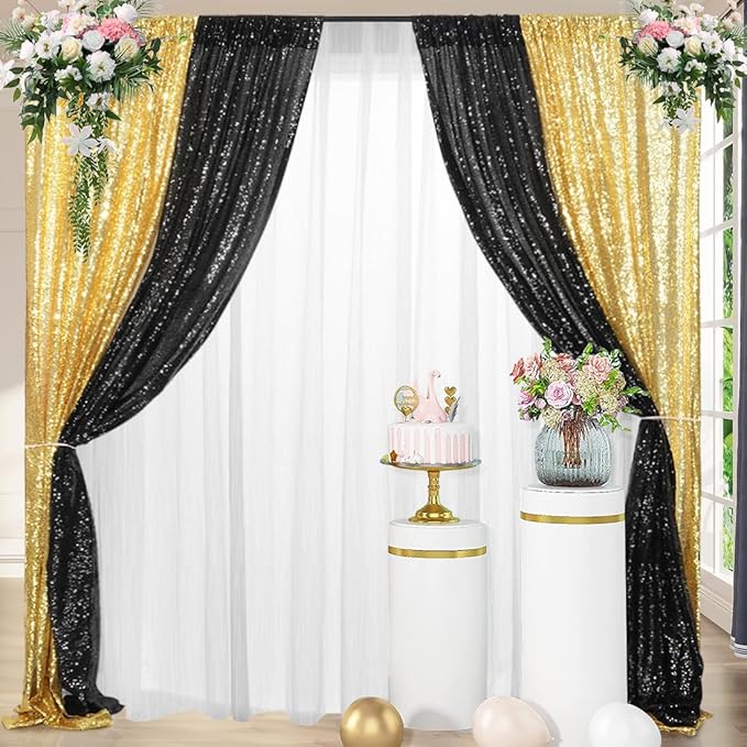 4 Panels Black&Gold Sequin Backdrop Curtain 2FTx8FT Glitter Sequin Backdrop - Image 4