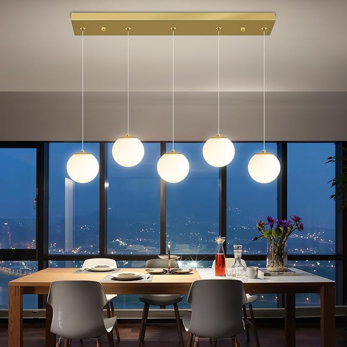 5-Lights Globe Pendant Light for Kitchen Island H 98" Gold Rectangle Chandelier by ShialLighting