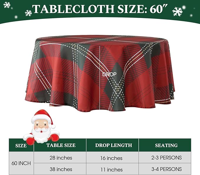 Christmas Tablecloth Round 60 Inch Waterproof, Machine Washable Checkered - Image 2
