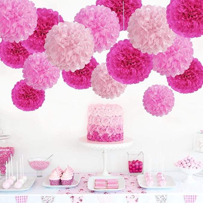 Hot Pink Tissue Pom Poms Paper Flowers Hanging Decorations Pink Flower Ball - Image 3