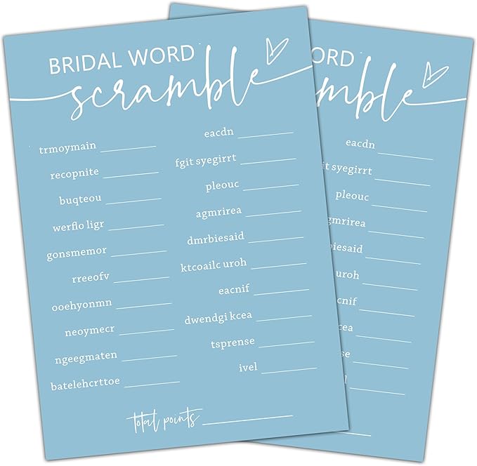 Minimalist Bridal Shower Games, 30 Light Blue Bridal Word Scramble Cards + 1 by Cazhes