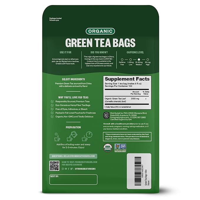 FGO Organic Green Tea, Caffeinated, Resealable Pouch, Packaging May Vary - Image 3