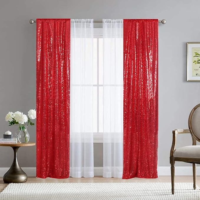 SquarePie Sequin Curtain Backdrop 2FT x 8FT Red 2pcs Background - Image 8
