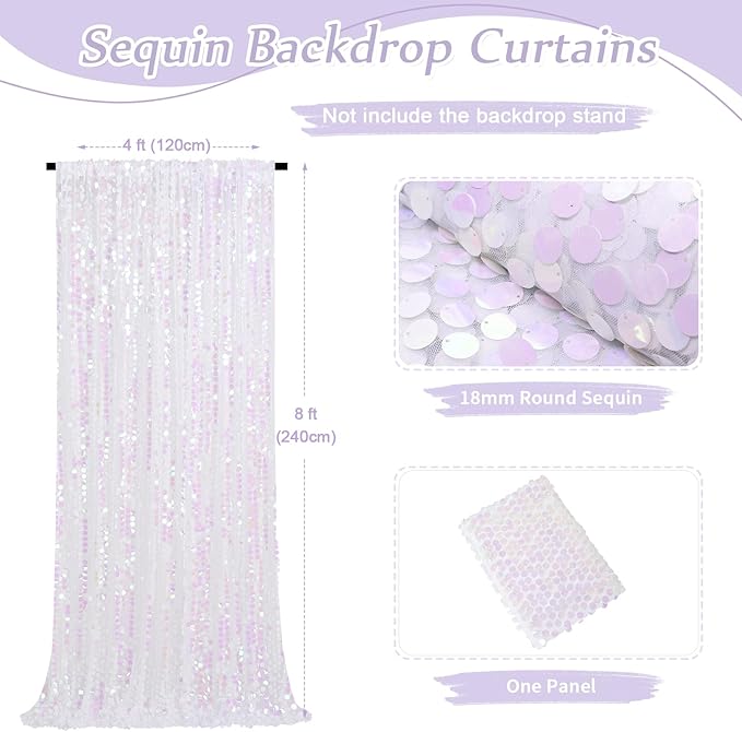 Glitter Backdrop Curtains 4ftx8ft White Iridescent Sequin Drapes Panels - Image 3