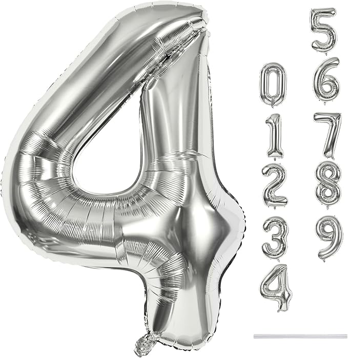 Silver Number Balloons, 40inch Large Number 4 Foil Helium Balloons by Lingqiang
