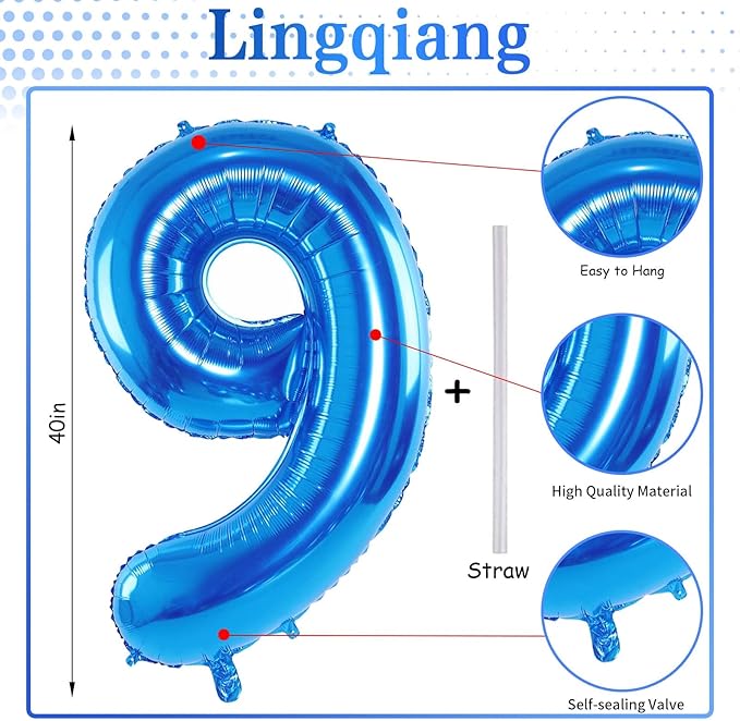 Blue Number 9 Balloons, 40 Inch 9th Birthday Foil Balloon - Image 2