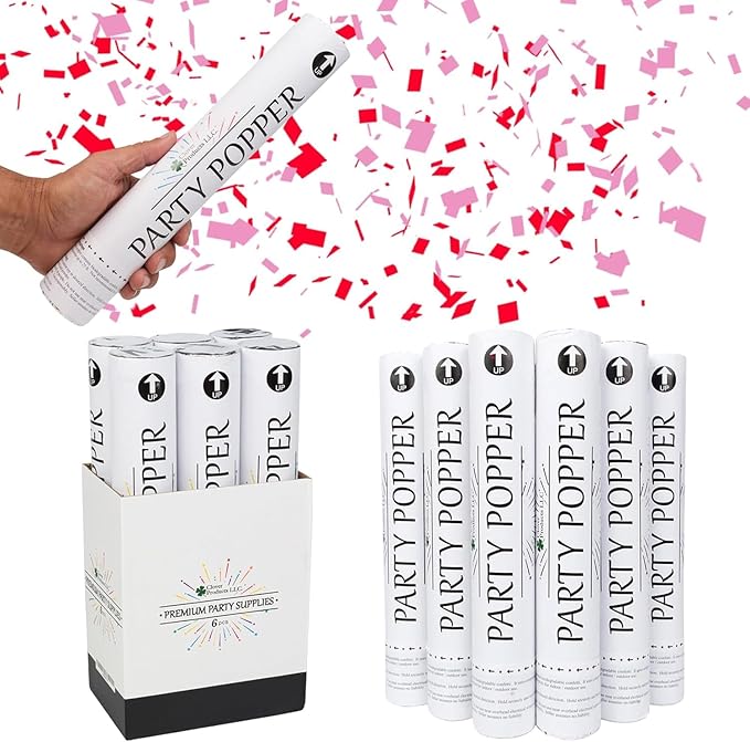 Clover Products 12" Biodegradable Confetti Cannons | 6 Pack | Red & Pink Poppers - Image 2