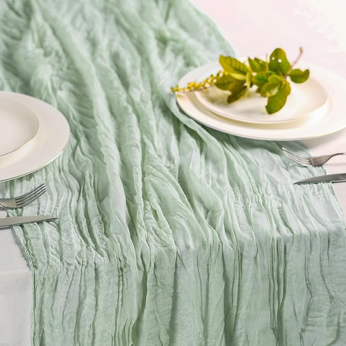 Hahuho Sage Green Cheesecloth Table Runner 10ft, Gauze Boho Rustic Table Runners by Hahuho