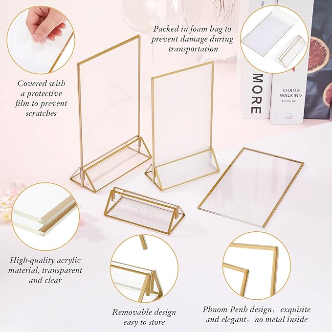 16 Pieces Gold Rimmed Clear Acrylic Table Sign Holders, Double Sided Frame - Image 3